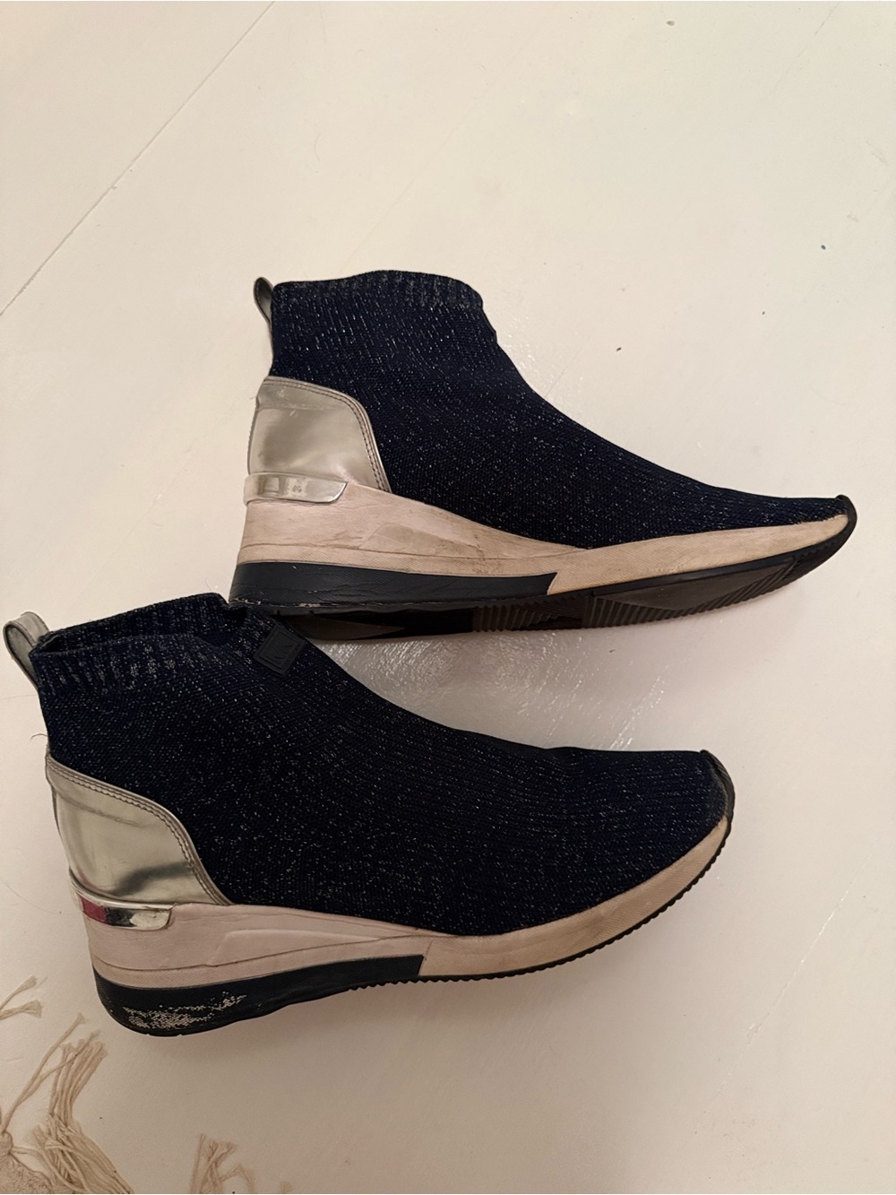 Michael Kors Navy Knit Slip-On Wedge Sneakers with Metallic Silver Heel
